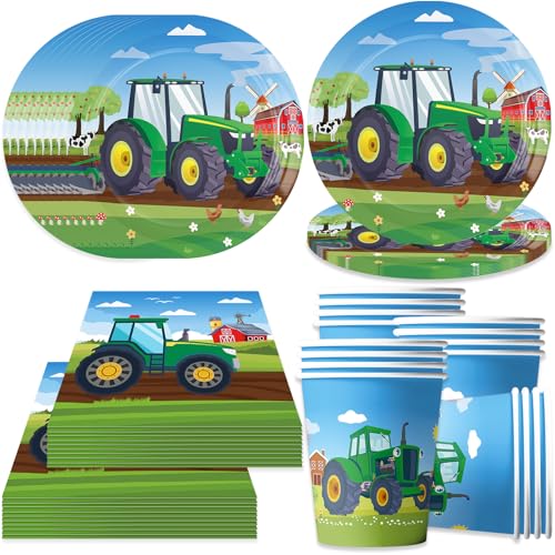 Bikasun Vajilla para fiestas de cumpleaños infantiles tractores, juego de vajilla de cumpleaños, vasos de papel, servilletas tazas vajilla, 16 invitados decoración para niños y niñas tractor verde Bikasun Vajilla para fiestas de cumpleaños infantiles tractores, juego de vajilla de cumpleaños, vasos de papel, servilletas tazas vajilla, 16 invitados decoración para niños y niñas tractor verde