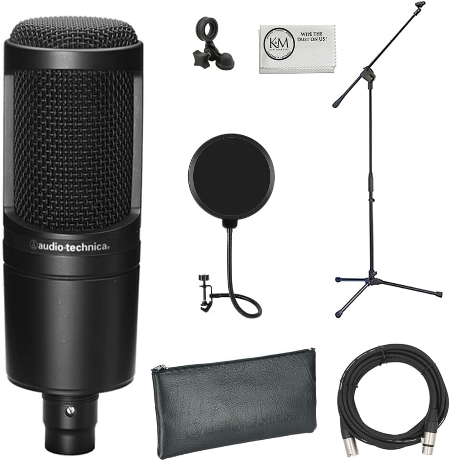 AT2020 Cardioid Condenser Microphone Bundle with Pop Filter + XLR Cable + Microphone Stand + Microfiber Cleaning Cloth (5 Items)