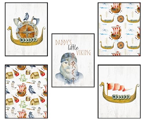 Image of Silly Goose Gifts Nursery Viking Themed Child Kid Wall Art Print Hanging Watercolor Decor - Multiple Designs To Choose From Mix Match (Grey 5pc)