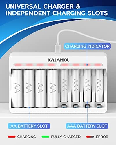 KALAHOL LCD 8 Slots Battery Charger for AA AAA Ni-MH Rechargeable Battery, 5V 2A Fast Charging Function, Micro USB Input, Intelligent Battery Detection Technology, Rechargeable AA AAA Battery Charger