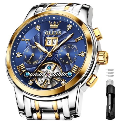 Image of OLEVS Self Winding Watches for Men Automatic Mechanical Skeleton Luxury Dress Waterproof Moon Phase Tourbillon Chronograph Stainless Steel Luminous Wristwatch