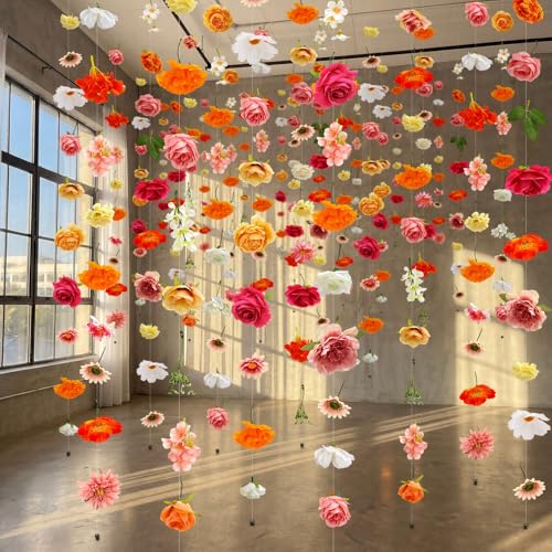 Image of Suncalla 12 Pcs 70.8 ft Wildflower Garland Pre Strung Artificial Hanging Flower Vine Backdrop Decor from Ceiling Floating Silk Floral Garland for Garden Wedding Bridal Shower(Rose,Multicolor)