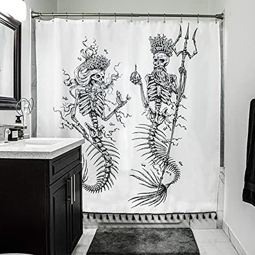 Mermaid Shower Curtain for Gothic Bathroom Decor- Gothic Shower Curtain for Mermaid Bathroom Decor - Water Resistant, Anti-Rust Metal Grommets, 12 Metal Hooks - Black & White Tasseled