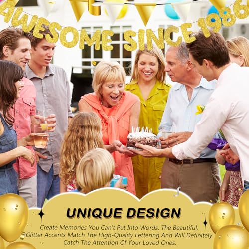 Image of Fulmoon Pre-strung Awesome Since 1986 Banner Glitter Happy 40th Birthday Banner Funny 40th Birthday Decorations 1986 Party Decorations for Men Women Anniversary(Gold)
