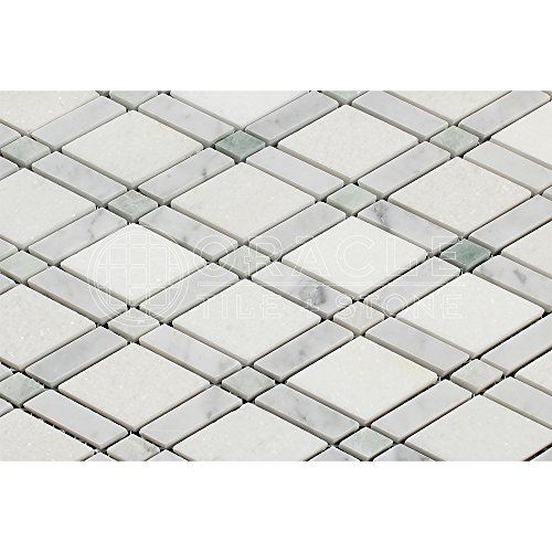Carrara White Italian (Bianco Carrara) Marble Lattice (Thassos + Carrara + Green) Mosaic Tile, Honed