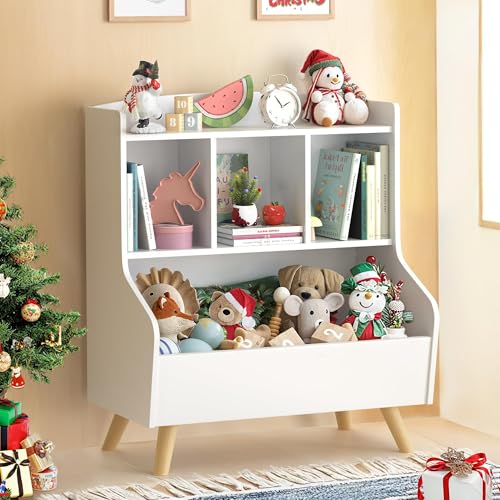 Image of Curipeer Kids Bookshelf and Toy Storage, 3-Tier Wooden Open Bookcase, Baby Book and Toy Storage Display Organizer with Spacious Top Shelf Children, Friends, Family, White