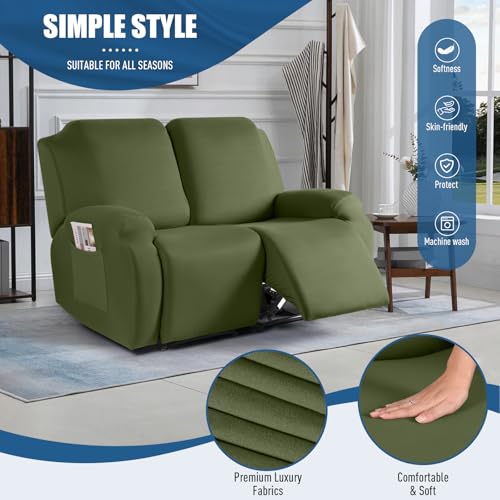 Image of TAOCOCO Recliner Loveseat Slipcover, 2 Pieces Polyester Fabric Stretch Sofa Covers for 2 Seat Reclining Couch, Soft Washable Furniture Protector with Pockets (2 Seat, Olive Green)