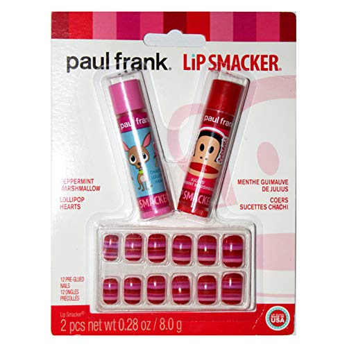 Lip Smacker (1) Pack Paul Frank Lip & Nail Collection Balm & Press-On Nails - Julius' Peppermint Marshmallow & Chachi's Lollipop Hearts Flavors - Red, Pink & Purple Stripe Nails