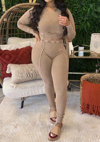 Ecirod Workout 2 Piece Sets for Women Ribbed Crewneck Long Sleeve Crop Tops High Wasited Tummy Control Leggings Set4