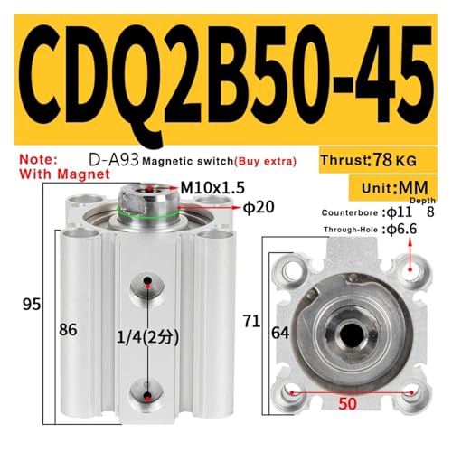 Cylindre pneumatique CDQ2B 50mm pour espaces restreints filetage interne 45mm
