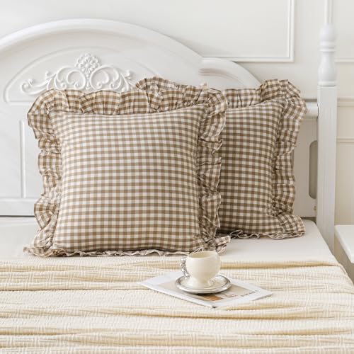 Taupe/White Plaid Euro Pillow Shams Ruffle Pillowcases Set of 2,Shabby Checkered Washed Cotton Pillow Covers-26 x26,Taupe/White Plaid