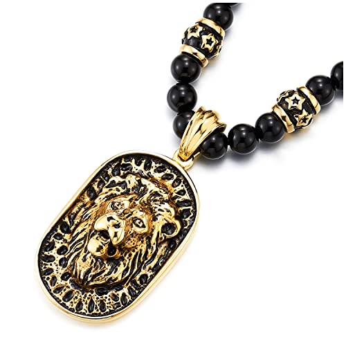 COOLSTEELANDBEYOND Gothic Style Mens Beads Necklace with Stainless Steel Lion Head Shield Pendant