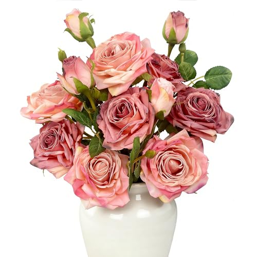 ROLLWAY 4 Bündel Kunstblumen wie Echt, 12 Künstliche Rosen Blumenstrauß Kunstrosen Seidenblumen Kunstblumenstrauß 54cm, Fake Rosen Blumen Rosa Blumen Künstlich für Vase Hochzeit Heim Küche Tischdeko