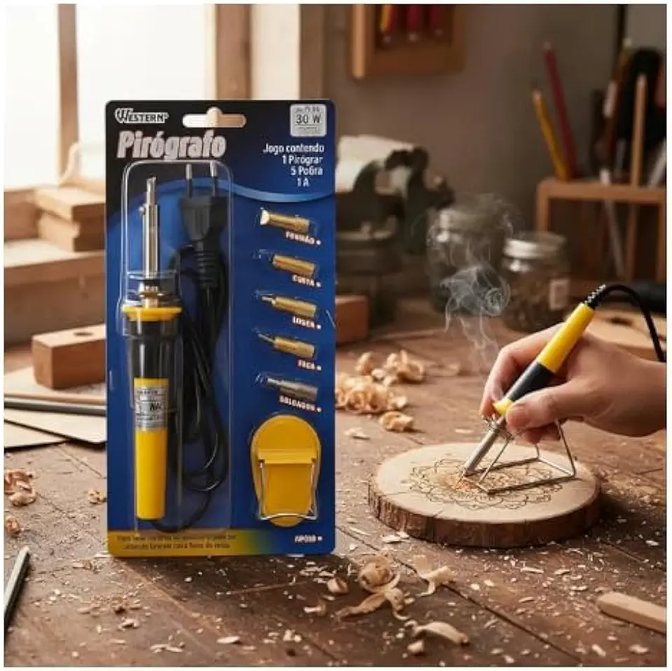 Pirógrafo e Ferro de Solda 2 em 1, 127V, 400°C, Policarbonato e Aço Inoxidável, 5 Pontas Incluídas, 19cm, para Artesanato em Madeira e Couro