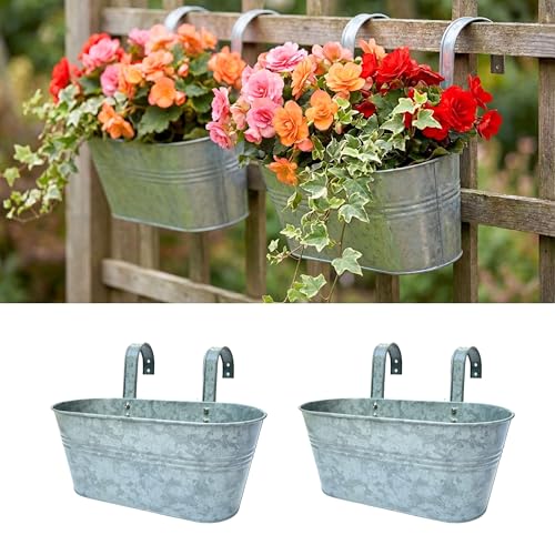 LaLaGreen Hanging Rail Planter (11.2 in, 2 Pack) Silver Metal Fence Pot