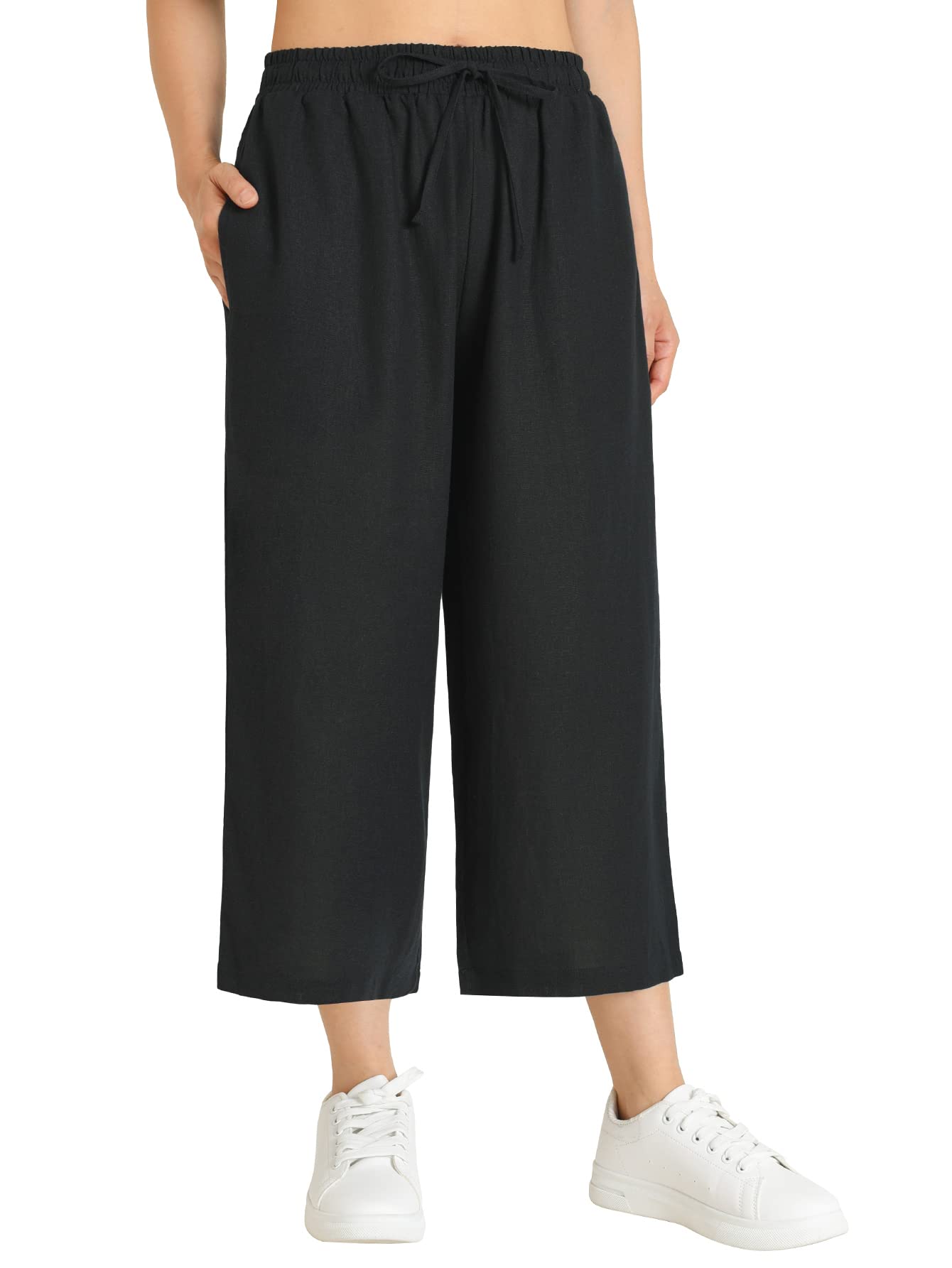 Weintee Women's Linen Capris Wide Leg Cropped Pants with Pockets