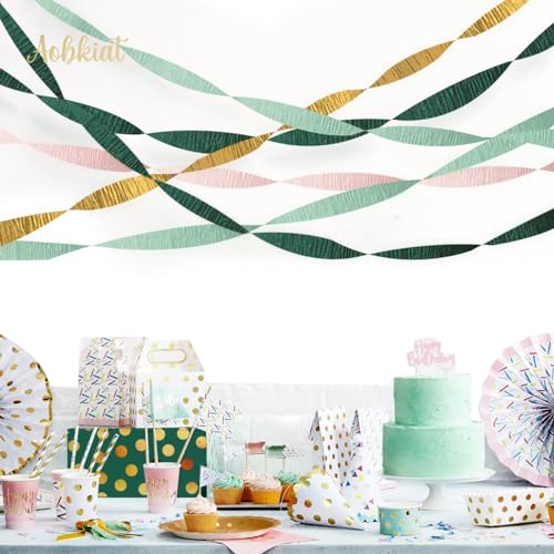 Image of AOBKIAT Wedding Sage Pink Gold Crepe Paper,8PCS Streamers Party Decorations | for Wedding,Rustic Bachelorette,Birthday,Bridal /Baby Shower,Anniversary Party Backdrop
