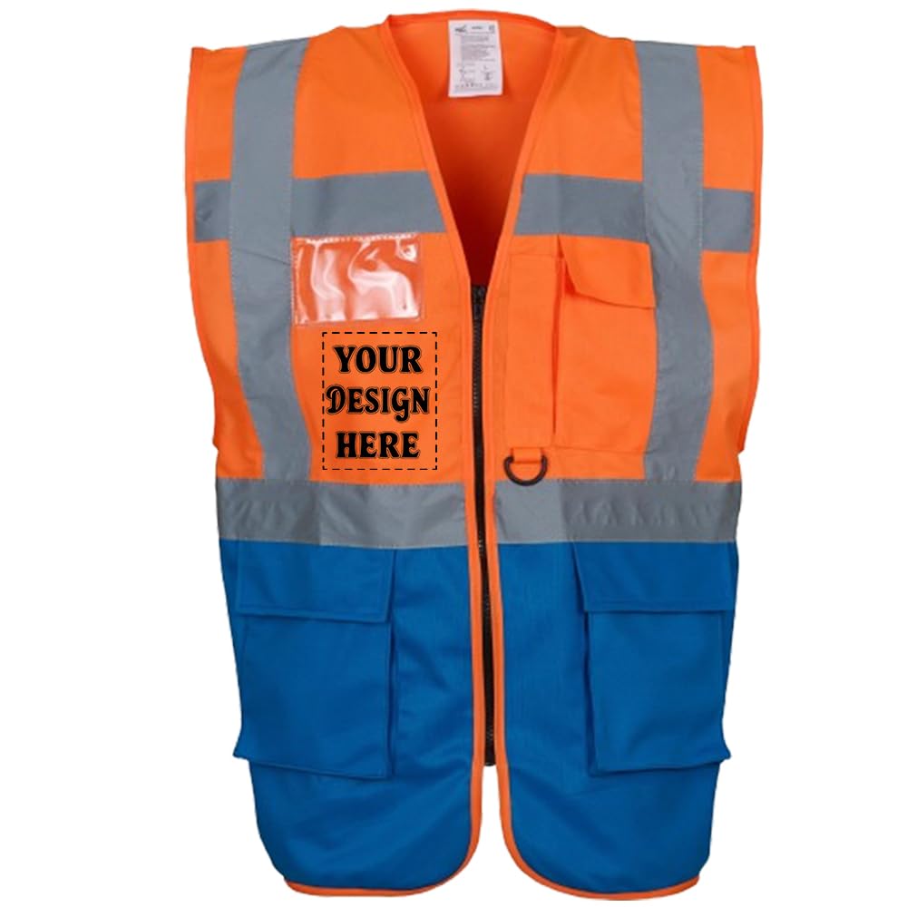 D&T Personalised Hi-Vis Reflective Vest with Zipper and Pockets – High Visibility Safety Waistcoat – Unisex Polyester Workwear (UK, Alpha, XL, Regular, Regular, Hi Vis Orange/Royal)