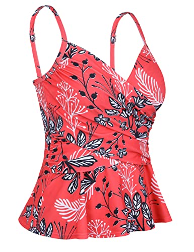 Coastal Rose Wrap Tankini Top Bathing Suit Tops For Women Ruched Tummy Control Swimwear V Neck Swimsuits Top Us6 Red Floral #TOP3