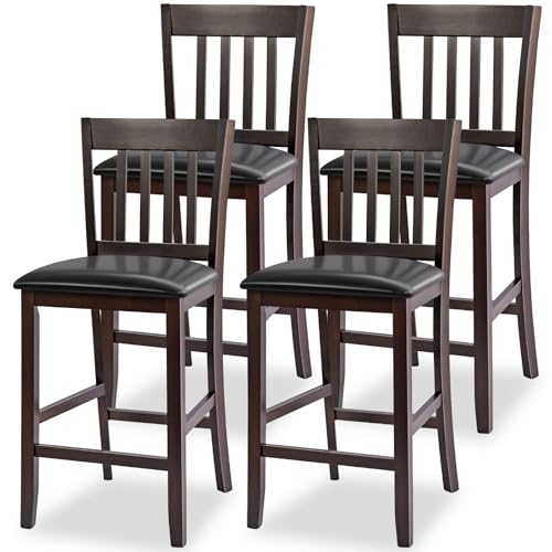 COSTWAY Counter Height Bar Stools Set of 4, 25'' Wooden Pub Chairs with PU Leather Seat, Mid Century Modern Upholstered Island Chairs for Kitchen, Living Room, Dining Room, Bar