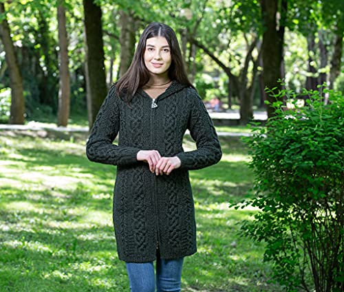 Image of SAOL 100% Merino Wool Aran Irish Cardigan for Women with Pockets, Hood and Celtic Zipper