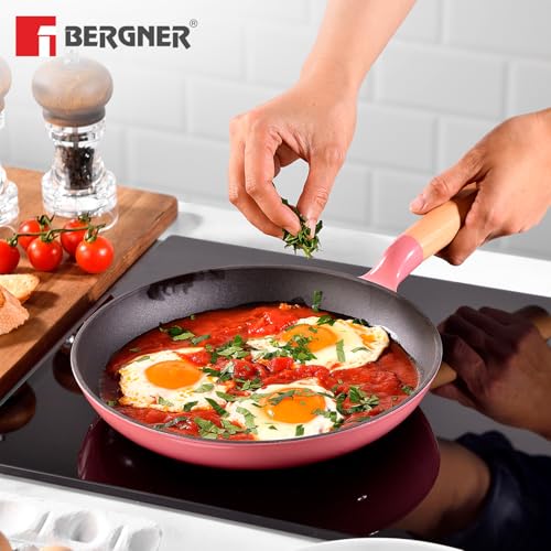 Image of BERGNER Excalibur Lightweight Cast Iron Frypan 24cm, Sturdy Wooden Handle, Non-Stick Coating, PFAS Free, Perfect Heat Distribution, Elegant Design - Induction and Gas Stove Ready (Pink)