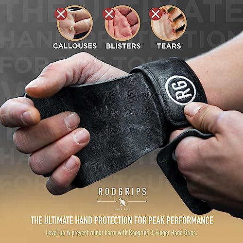 Roogrips - 3-Finger Durable Protective Leather Hand Grips, Weightlifting And Gymnastics Grips, Non-Slip Pull Up Gloves For Men And Women, Pebble Grain, Medium #TOP1