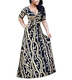 shekiss Womens Casual Sexy V Neck Long Sleeves Printed Loose Stretch Floor Length Maxi Prom Party Dress With Belt,Blackgold,X-Large