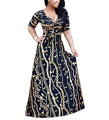 shekiss Womens Casual Sexy V Neck Long Sleeves Printed Loose Stretch Floor Length Maxi Prom Party Dress With Belt,Blackgold,X-Large