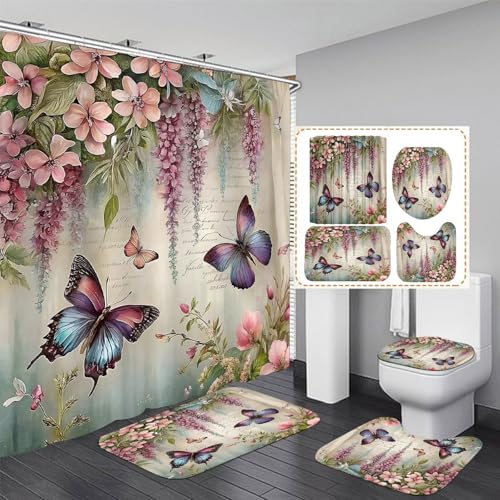 Chrainy 4pcs Spring Butterfly Shower Curtain Set with Rugs Vintage Butterflies Bathroom Sets Floral Shower Curtain with 12 Hooks Bathroom Decor with Rugs Bath Accessories with Mats Toilet Lid Cover