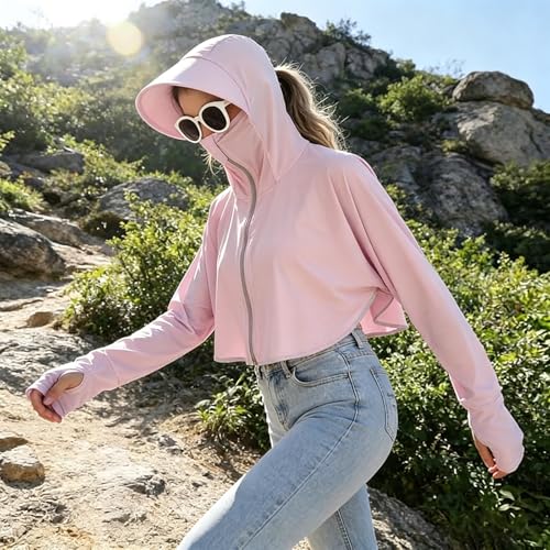 Image of Womens Sunscreen Hoodie Jacket /Shirt UPF 50+ UV Protection from Sun & Pollution with Wide Brim Hat Face Mask Lightweight Full Zip for Outdoor Running Hiking