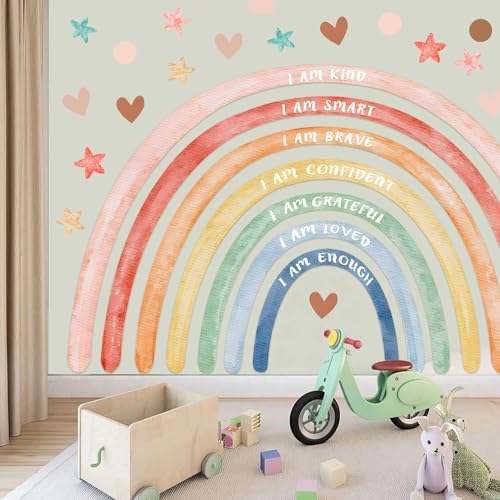 HueBurst Large Watercolor Rainbow Wall Decals Peel And Stick Colorful Boho Rainbow Wall Stickers With Star Sun Cloud Leaf DIY Nursery Wall Decor For Girls Kids Bedroom Classroom Playroom