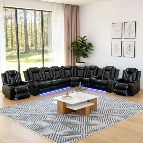 Image of Power Reclining Sectional Sofa Set with 2 Recliner Chairs, Black Breathable Faux Leather L-Shaped Couch with LED Lights, USB, Wireless Charging, Storage Console and Cup Holders for Living Room