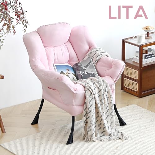 Image of LITA Lazy Chair with Armrests and Side Pocket, Modern Upholstered Accent Reading Chair for Living Room, Bedroom, Dorm, Small Spaces, Single Pink