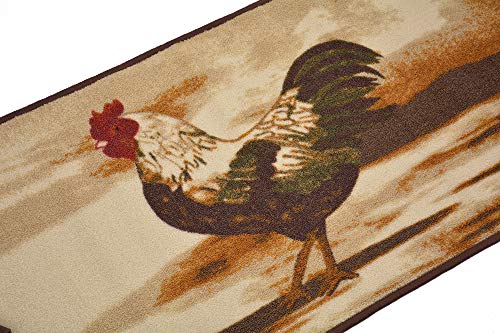 Kitchen Rooster Runner Rug Country Design Slip Skid Resistant Rubber Backing (Beige Brown, 1'10" X 6'11" Runner) #TOP3
