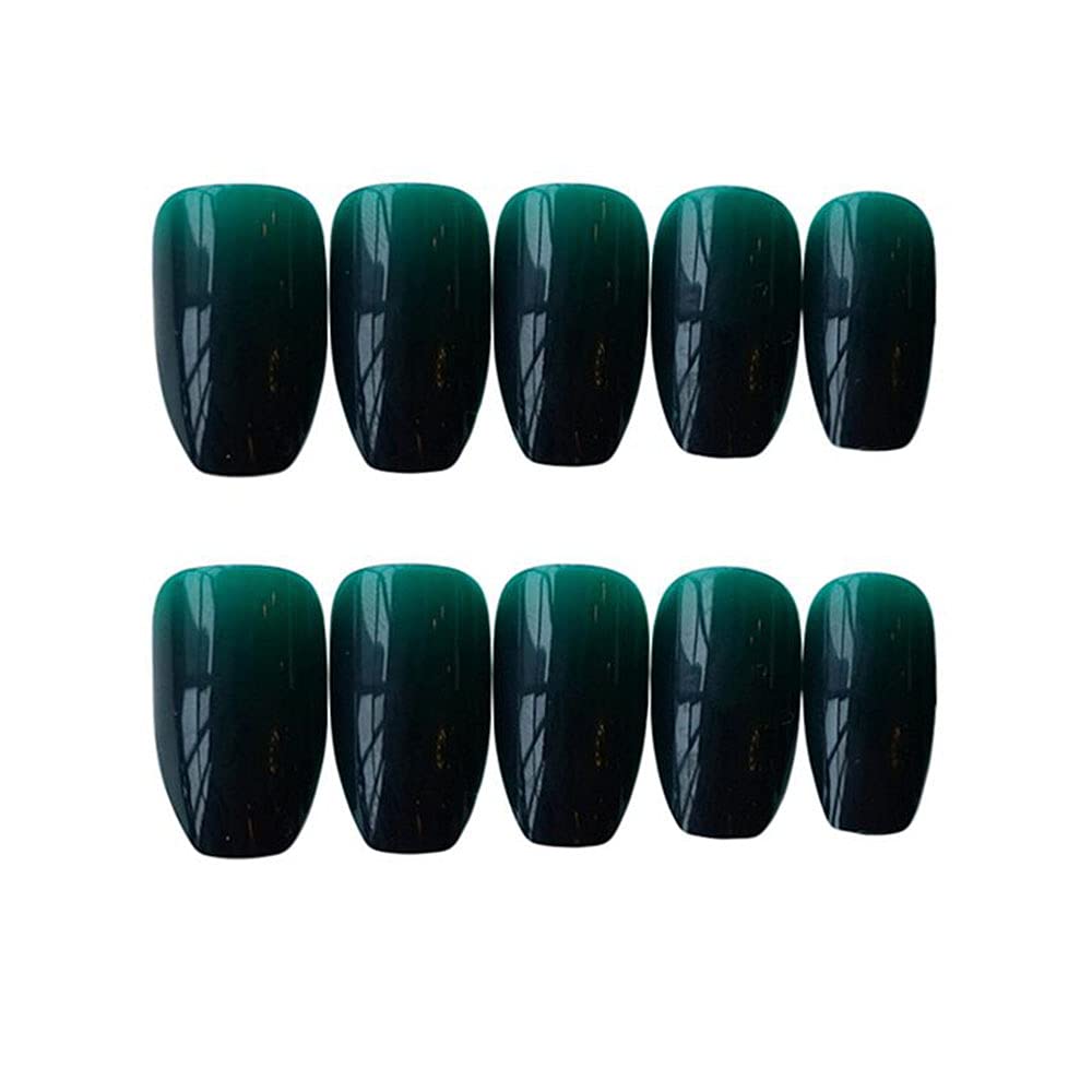 JINDIN 24 Sheet French Fake Nails Coffin Shape Acrylic Press On Nails for Women False Nails Art Tips with Glue Design Medium Long (Black Green)