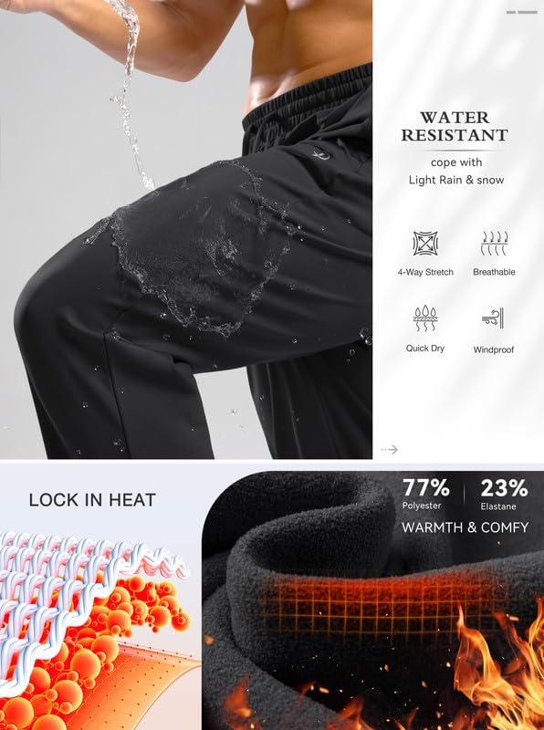Pudolla Men's Fleece Lined Sweatpants with Zipper Pockets Winter Warm Water Resistant Athletic Pants for Workout Running - Image 3