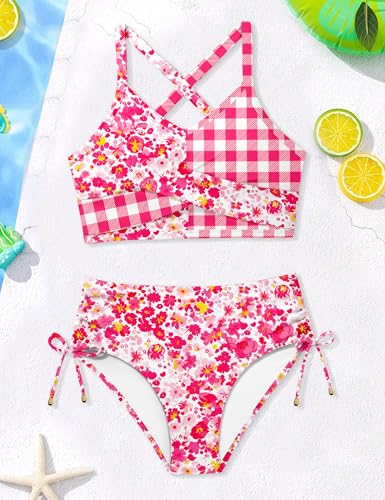 Image of Teen Girls Swimsuits V-Neck Bikini Set Bathing Suits Cross Straps Two Piece Swimwear with Drawstring