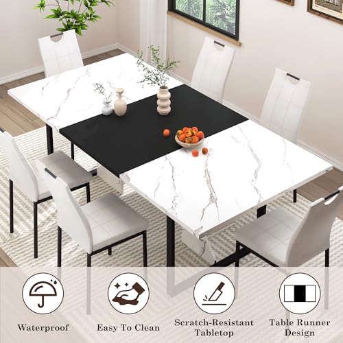 7PCS Dining Table Set for 4 5 6 People, 71" Large Long Wooden Kitchen Table with 6 Chairs (White+Black, 71IN Table+6 PCS Chairs) - Image 4