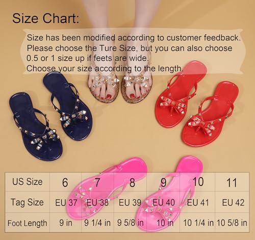 Image of Studded Jelly Shoes for Womens Bow Flip Flops Jellies Sandals Flat Black Summer Beach Thong with Rivets Strappy Slides Slip On
