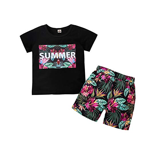 Toddler Infant Baby Boy Summer Clothes Letter Print Short Sleeve T-Shirt Top Floral Shorts Casual Outfit Set (Purple,4-5T)