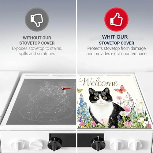 Image of HOMETITUTE Black Cat Stove Top Covers for Electric Stove 28x20 Inches Heat Resistant Spring Glass Cooktop Protector Pad Decorative Stovetop Cover Dish Drying Mats for Kitchen Coffee Bar Decor