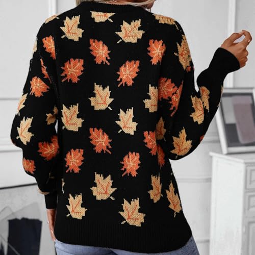 Generic PRIME DAY DEALS TODAY 2024 Women'S Casual Maple Leaf Print Crewneck Knit Sweater 2024 Fall Winter Fashion Long Sleeve Graphic Loose Jumpers Tops Black thumb #4