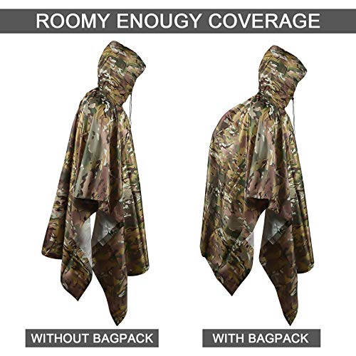Fousam Camo Poncho, Waterproof Ripstop Hooded Raincoat Lightweight Packable Rain Cover for Hunting Camping Backpacking Emergency Tent Shelter Cp Woodland