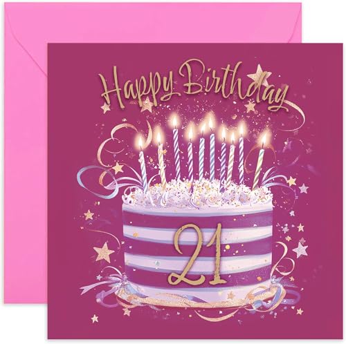 Special 21st Birthday Card for Her - Twenty-One Years Old Bday Greeting Cards - Fuscia Pink and Gold Cake Artwork for Girls and Women - Stylish and Traditional Female Style - Blank Inside