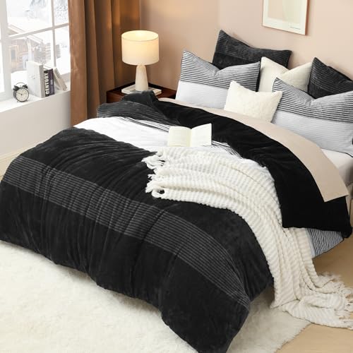 Litanika Fluffy Fleece King Size Comforter Set Luxury Soft Plush Fuzzy Black & White Stripe Bedding Comforter Sets Warm Shaggy Faux Fur Bed Set All Season (1 Comforter 2 Pillowcases)