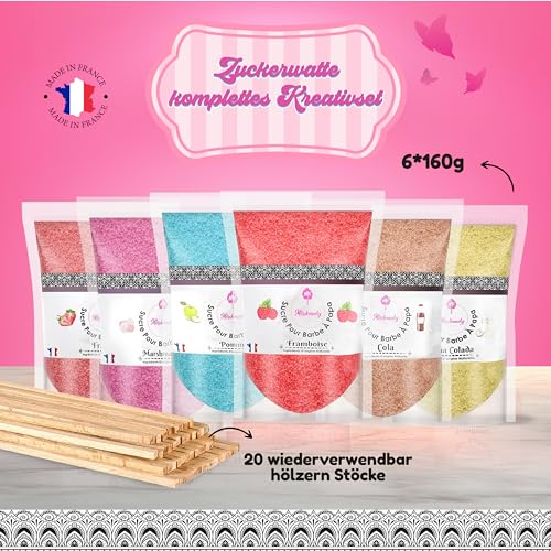 Misskandy®- Zuckerwatte Zucker 6X160Gr (Natürliche Aromen und Farben) Erdbeer-Cola -Piña Colada-Apfel-Marshmallow-Himbeere/Zuckerwattemaschine/ + 20 wiederverwendbare Sticks (kostenlos)… – Bild 3