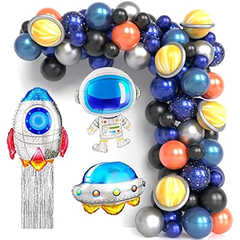 JOYYPOP Outer Space Balloon Garland Kit, 89pcs Outer Space Party Decorations with UFO Rocket Astronaut Balloons Silver Foil Curtain for Space Themed Birthday Party Supplies Cover