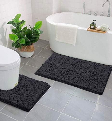 LuxUrux 2 Piece Bath Mat Set, Extra-Soft Plush Bath Shower Bathroom Rug + U-Shaped Toilet Mat. 1'' Chenille Microfiber Material. Super Absorbent. Machine Wash & Dry (Curved Set, Charcoal) — view 4
