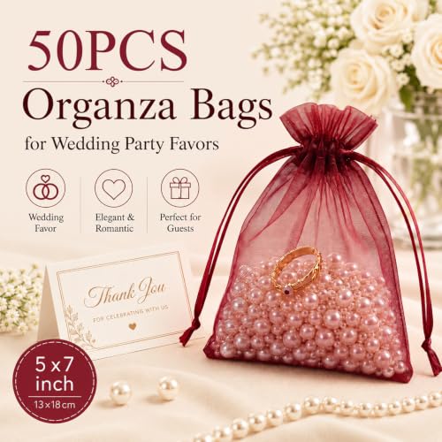 Image of ANZNKU 50 PCS Organza Bags 5 x 7, Burgundy Small Mesh Gift Bags Drawstring